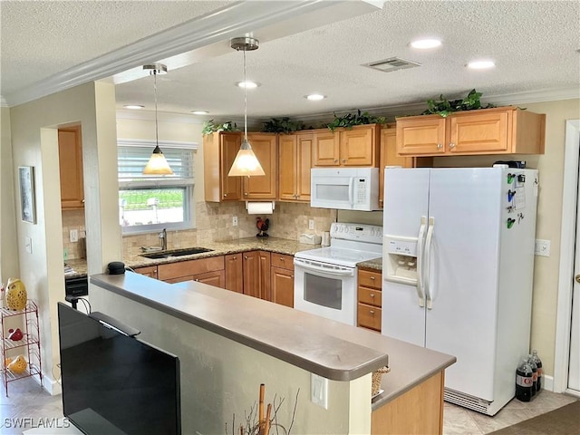 kitchen featuring sink, tasteful backsplash, ornamental molding, pendant lighting, and white appliances