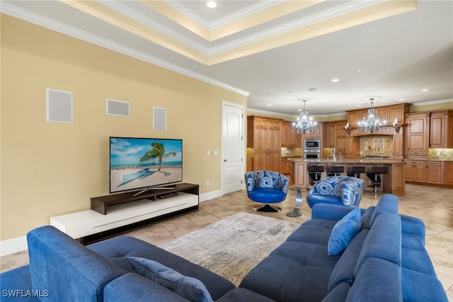 tiled living room with crown molding and a chandelier