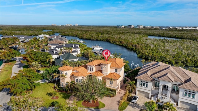 aerial view featuring a water view