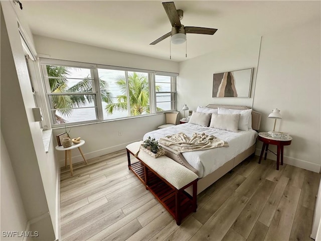 bedroom featuring light wood-type flooring and ceiling fan