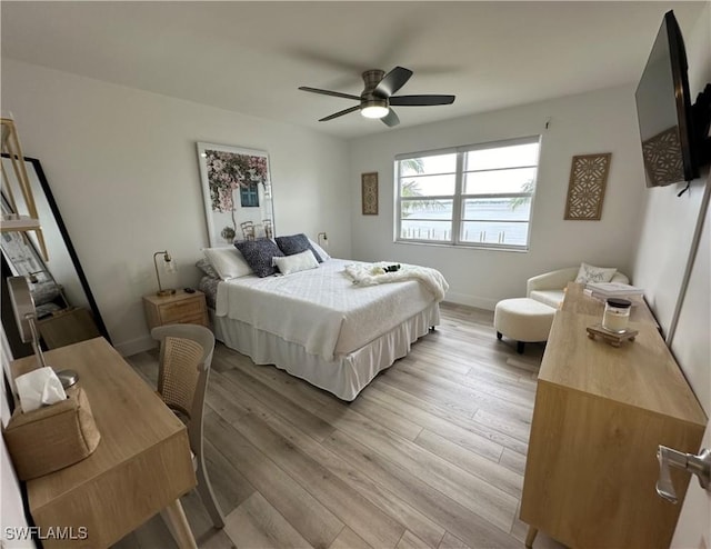 bedroom featuring ceiling fan and light hardwood / wood-style floors