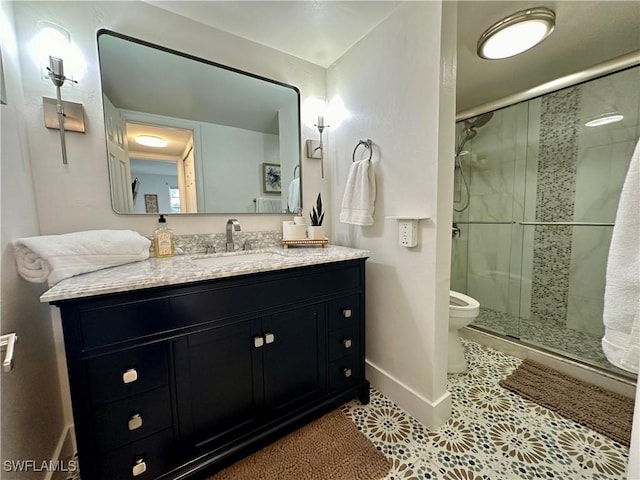 bathroom with tile patterned flooring, vanity, toilet, and a shower with door