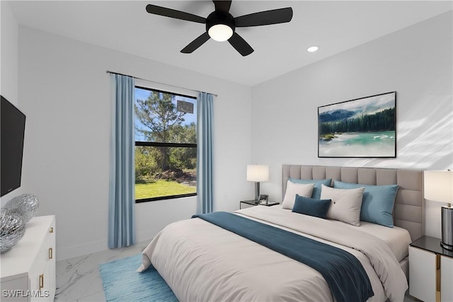 2517 11th St SW, Lehigh Acres, FL 33976 - bedroom featuring marble look tiles, recessed lighting, and a ceiling fan