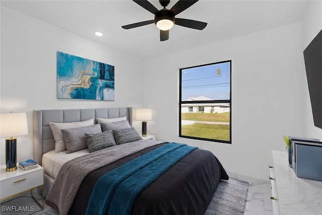 2517 11th St SW, Lehigh Acres, FL 33976 - bedroom featuring light marble finish floors, recessed lighting, ceiling fan, and baseboards