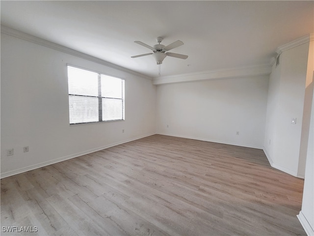 unfurnished room with ceiling fan, crown molding, and light hardwood / wood-style flooring