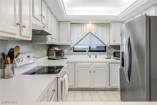 kitchen featuring white cabinets, stainless steel appliances, and a tray ceiling