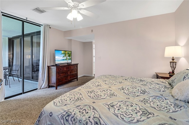 bedroom with carpet flooring, access to exterior, ceiling fan, and floor to ceiling windows