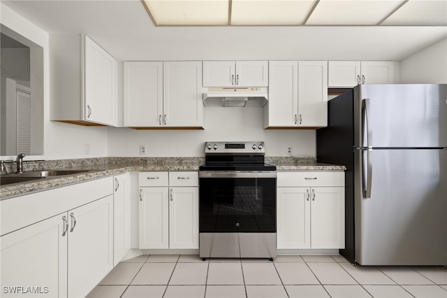 7068 Nantucket Cir Unit 3, North Fort Myers, FL 33917 - kitchen featuring appliances with stainless steel finishes, under cabinet range hood, white cabinetry, and light stone counters