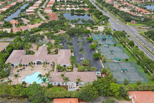 aerial view featuring a water view