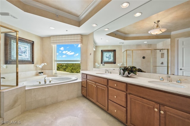 bathroom with plus walk in shower, vanity, a raised ceiling, and crown molding