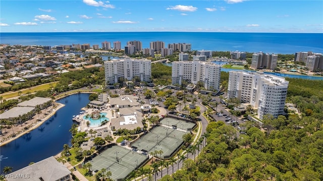 bird's eye view with a water view