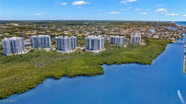 bird's eye view with a water view