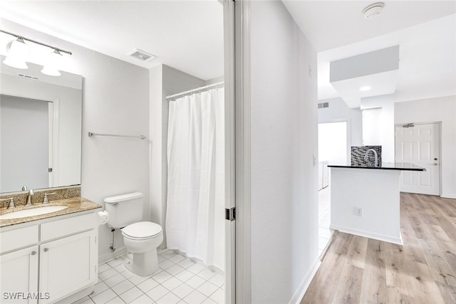 bathroom with vanity, wood-type flooring, and toilet