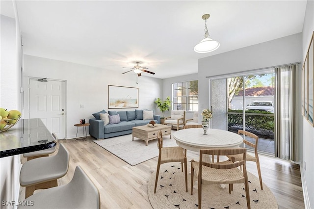 dining space featuring light hardwood / wood-style floors and ceiling fan