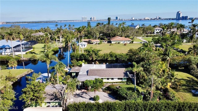 drone / aerial view featuring a water view