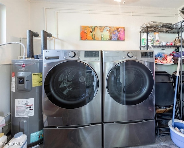 laundry room featuring electric water heater and washing machine and clothes dryer