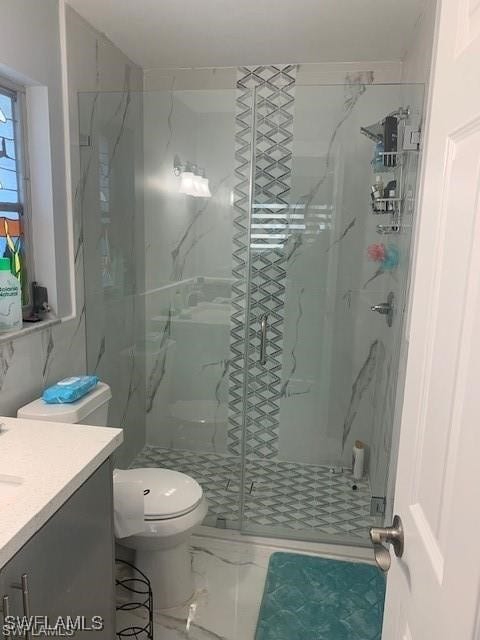 bathroom featuring vanity, toilet, and walk in shower