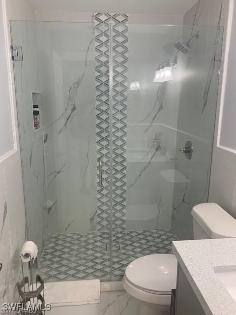 bathroom with vanity, toilet, and walk in shower