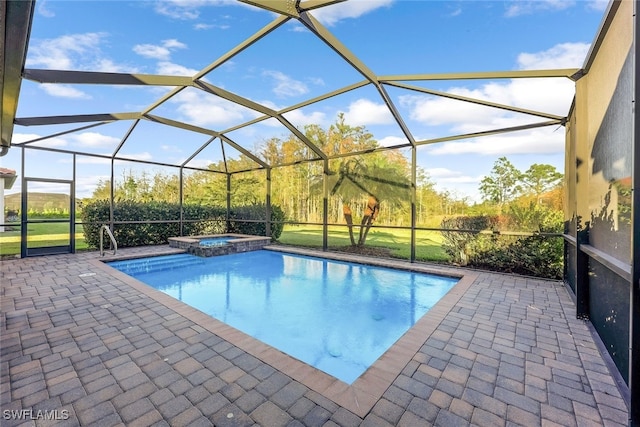 view of swimming pool featuring a lanai, an in ground hot tub, and a patio