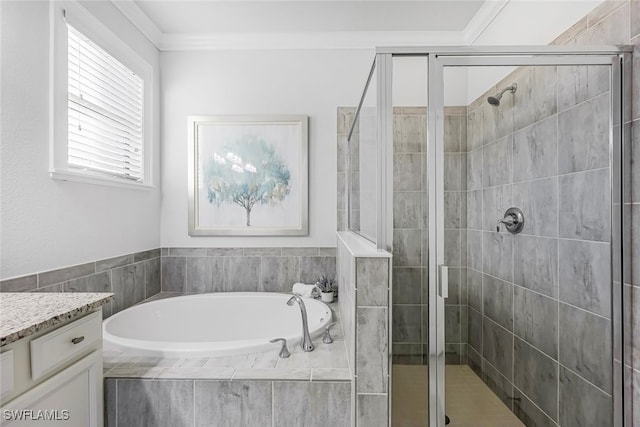 bathroom with vanity, separate shower and tub, and crown molding