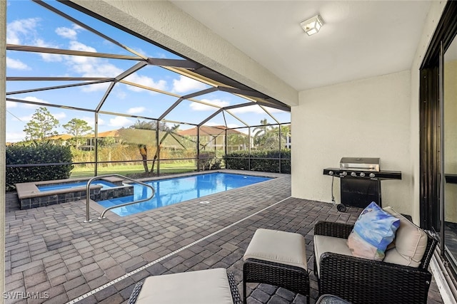 view of swimming pool with glass enclosure, a grill, a patio area, and an in ground hot tub