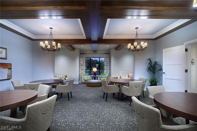 dining room featuring ornamental molding, carpet floors, a notable chandelier, and beam ceiling