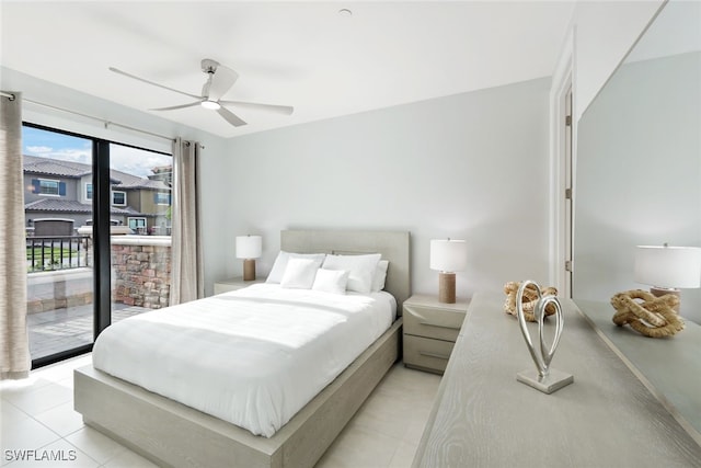 bedroom with access to outside, ceiling fan, and light tile patterned floors