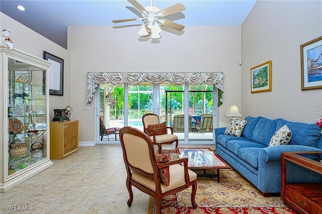 living room featuring ceiling fan