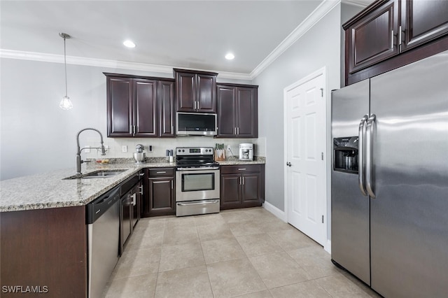 kitchen featuring sink, crown molding, decorative light fixtures, appliances with stainless steel finishes, and kitchen peninsula