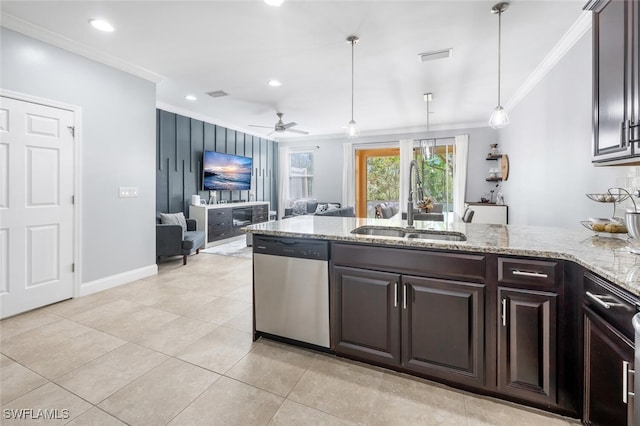 kitchen featuring decorative light fixtures, dishwasher, sink, ornamental molding, and dark brown cabinetry