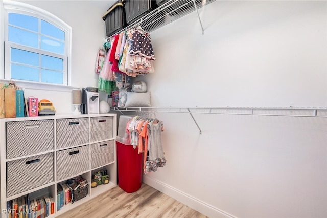 spacious closet with light hardwood / wood-style flooring