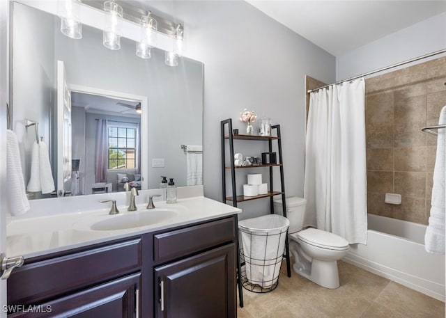 full bathroom with shower / bathtub combination with curtain, ceiling fan, vanity, tile patterned floors, and toilet