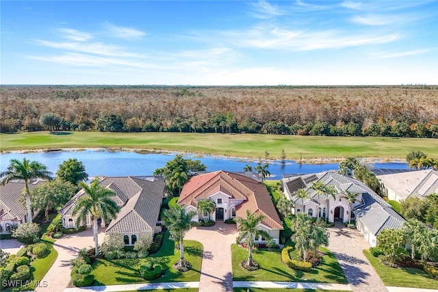 aerial view featuring a water view