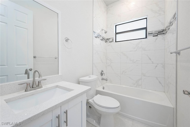 full bathroom featuring toilet, vanity, tile patterned floors, and tiled shower / bath