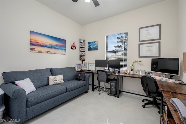 carpeted office with ceiling fan