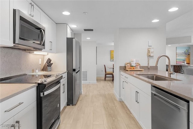 kitchen with decorative backsplash, light wood-type flooring, stainless steel appliances, sink, and white cabinets