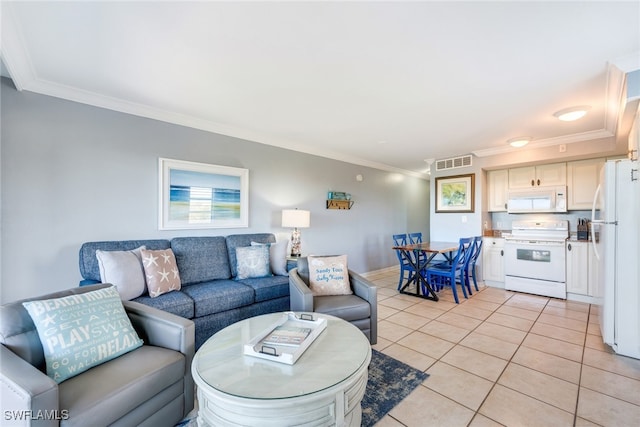 living room featuring light tile patterned floors and crown molding