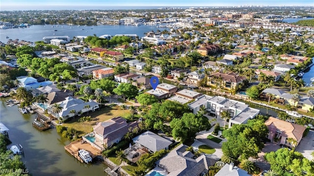 aerial view featuring a water view