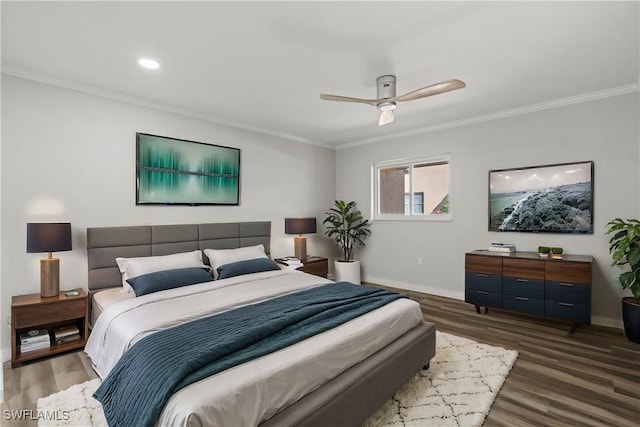 bedroom with ceiling fan, dark hardwood / wood-style flooring, and crown molding