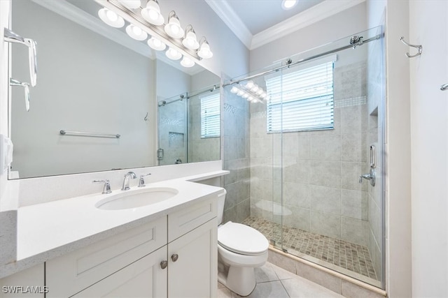 bathroom with vanity, crown molding, tile patterned flooring, toilet, and an enclosed shower