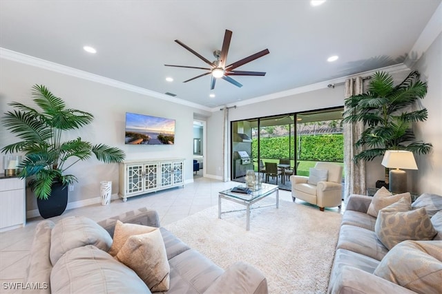 tiled living room with ceiling fan and ornamental molding