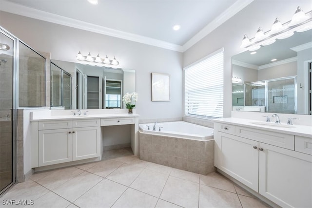 bathroom featuring shower with separate bathtub, vanity, tile patterned floors, and ornamental molding