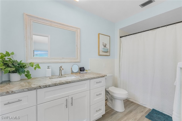 bathroom with wood-type flooring, vanity, and toilet