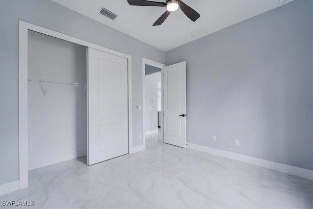 unfurnished bedroom featuring a closet and ceiling fan