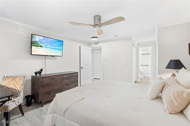 bedroom with ensuite bathroom, ceiling fan, light wood-type flooring, and ornamental molding