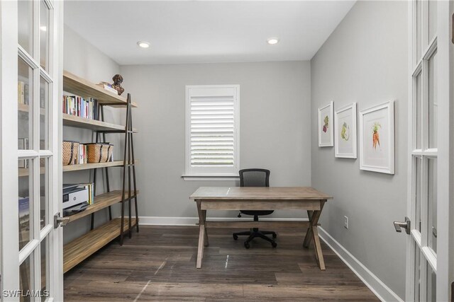 office space featuring french doors and dark wood-type flooring