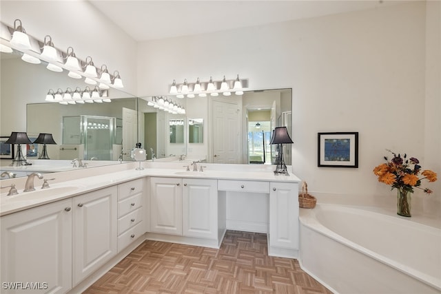 bathroom featuring vanity, independent shower and bath, and parquet flooring