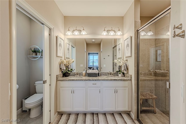 bathroom with vanity, a shower with shower door, and toilet