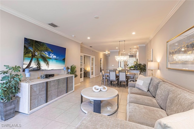 tiled living room with crown molding