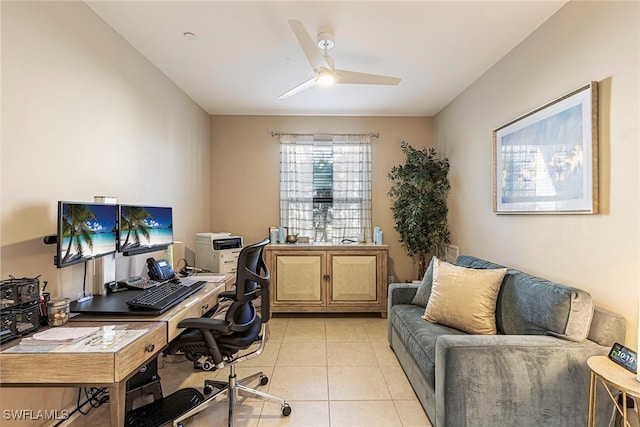 tiled home office with ceiling fan